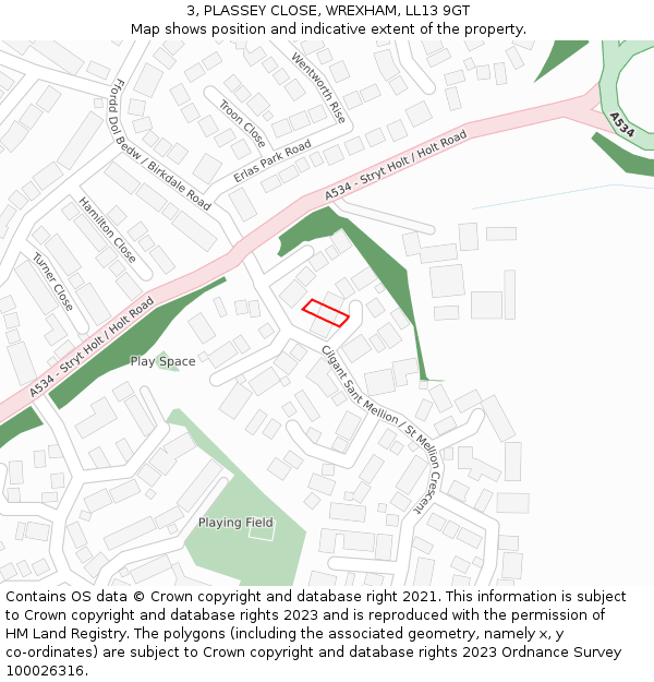 3, PLASSEY CLOSE, WREXHAM, LL13 9GT: Location map and indicative extent of plot