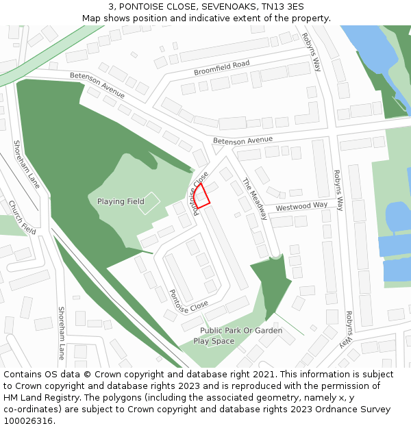 3, PONTOISE CLOSE, SEVENOAKS, TN13 3ES: Location map and indicative extent of plot