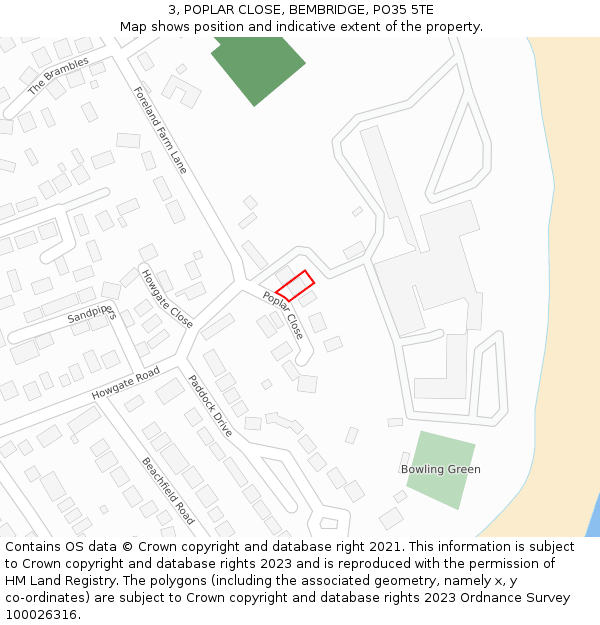 3, POPLAR CLOSE, BEMBRIDGE, PO35 5TE: Location map and indicative extent of plot