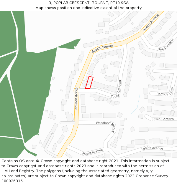3, POPLAR CRESCENT, BOURNE, PE10 9SA: Location map and indicative extent of plot