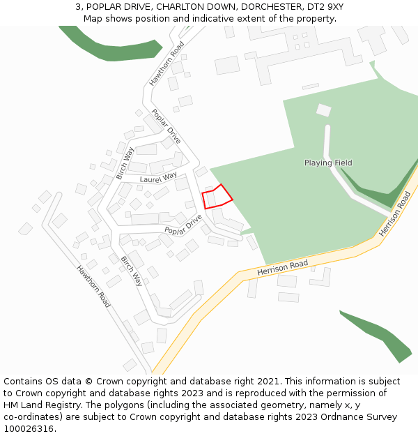 3, POPLAR DRIVE, CHARLTON DOWN, DORCHESTER, DT2 9XY: Location map and indicative extent of plot