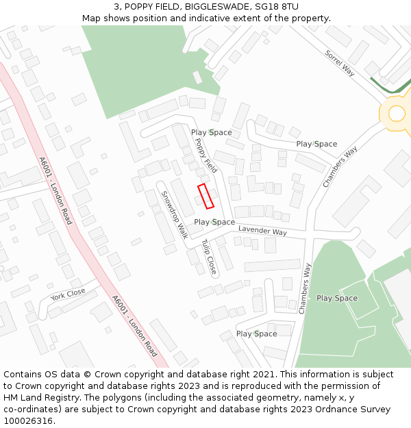 3, POPPY FIELD, BIGGLESWADE, SG18 8TU: Location map and indicative extent of plot