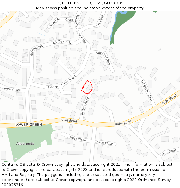 3, POTTERS FIELD, LISS, GU33 7RS: Location map and indicative extent of plot