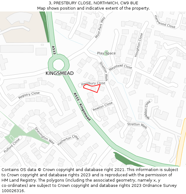 3, PRESTBURY CLOSE, NORTHWICH, CW9 8UE: Location map and indicative extent of plot