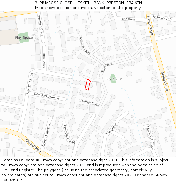 3, PRIMROSE CLOSE, HESKETH BANK, PRESTON, PR4 6TN: Location map and indicative extent of plot