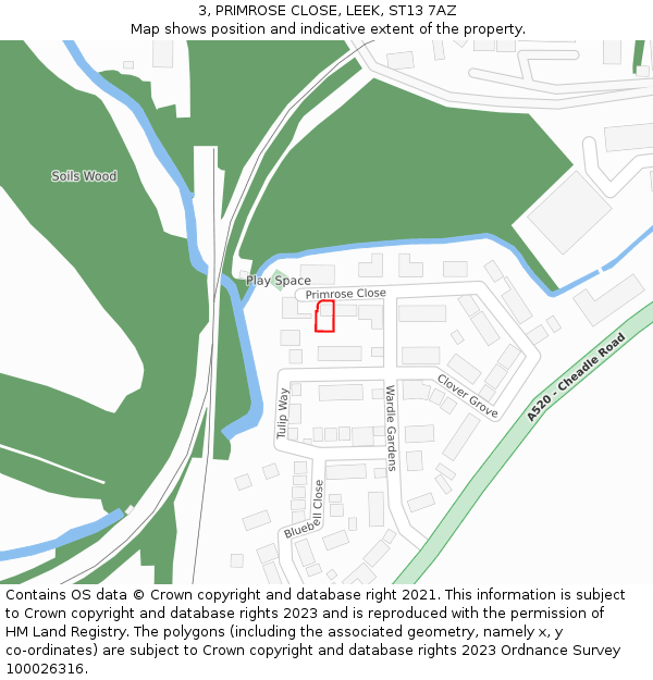 3, PRIMROSE CLOSE, LEEK, ST13 7AZ: Location map and indicative extent of plot
