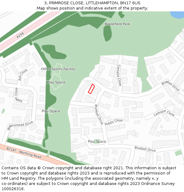 3, PRIMROSE CLOSE, LITTLEHAMPTON, BN17 6US: Location map and indicative extent of plot