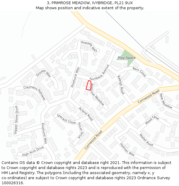 3, PRIMROSE MEADOW, IVYBRIDGE, PL21 9UX: Location map and indicative extent of plot