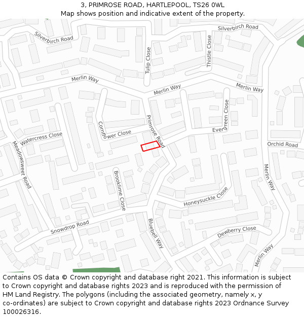 3, PRIMROSE ROAD, HARTLEPOOL, TS26 0WL: Location map and indicative extent of plot