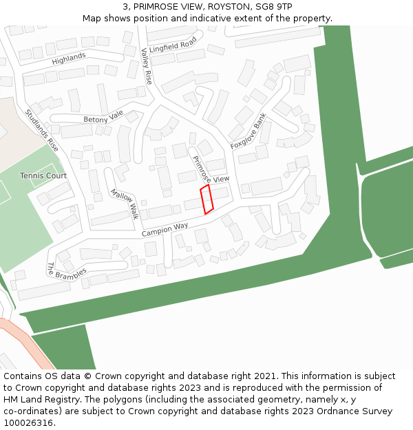 3, PRIMROSE VIEW, ROYSTON, SG8 9TP: Location map and indicative extent of plot