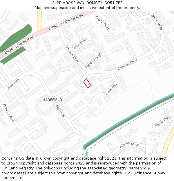 3, PRIMROSE WAY, ROMSEY, SO51 7RF: Location map and indicative extent of plot