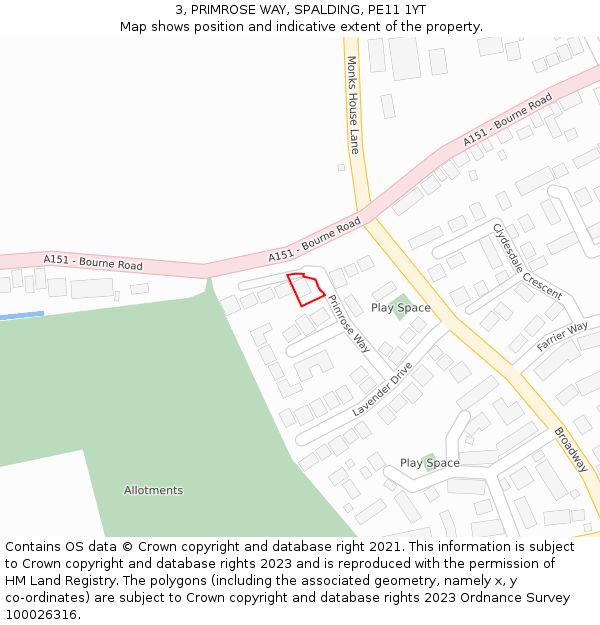 3, PRIMROSE WAY, SPALDING, PE11 1YT: Location map and indicative extent of plot