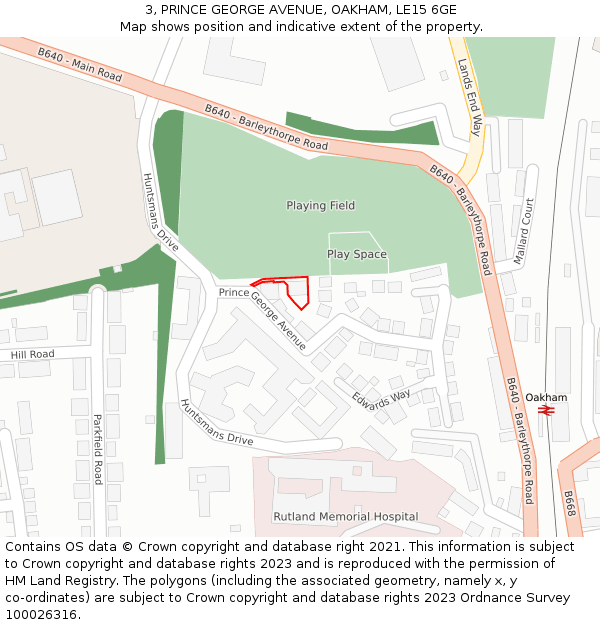 3, PRINCE GEORGE AVENUE, OAKHAM, LE15 6GE: Location map and indicative extent of plot