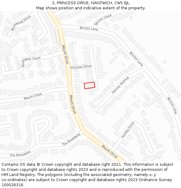 3, PRINCESS DRIVE, NANTWICH, CW5 6JL: Location map and indicative extent of plot