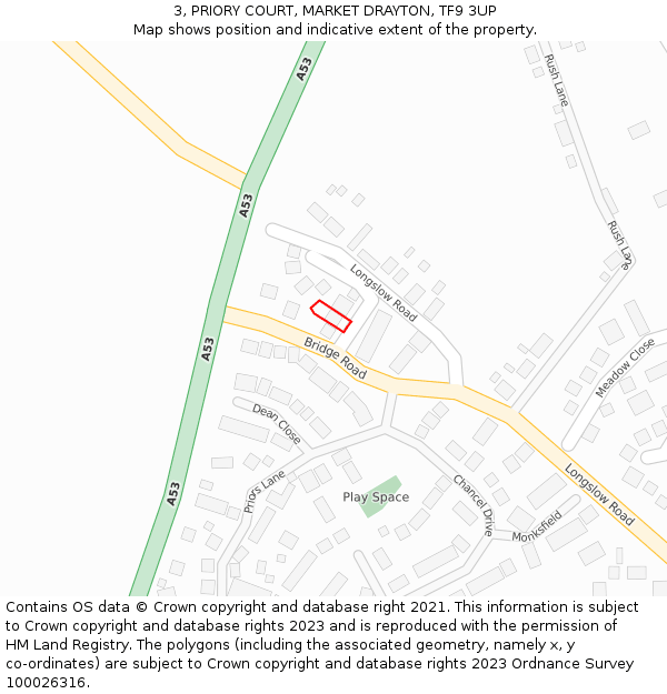 3, PRIORY COURT, MARKET DRAYTON, TF9 3UP: Location map and indicative extent of plot