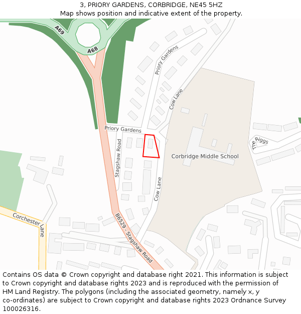 3, PRIORY GARDENS, CORBRIDGE, NE45 5HZ: Location map and indicative extent of plot