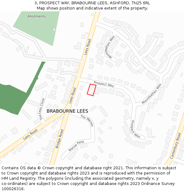 3, PROSPECT WAY, BRABOURNE LEES, ASHFORD, TN25 6RL: Location map and indicative extent of plot