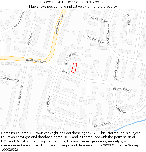 3, PRYORS LANE, BOGNOR REGIS, PO21 4JU: Location map and indicative extent of plot