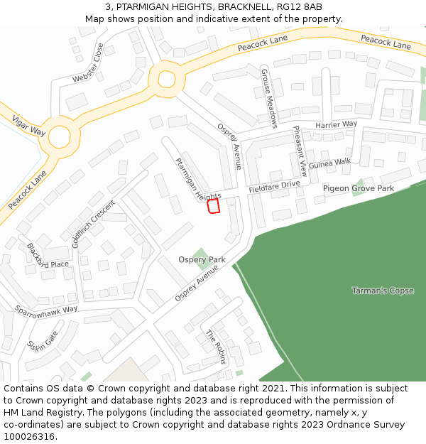 3, PTARMIGAN HEIGHTS, BRACKNELL, RG12 8AB: Location map and indicative extent of plot