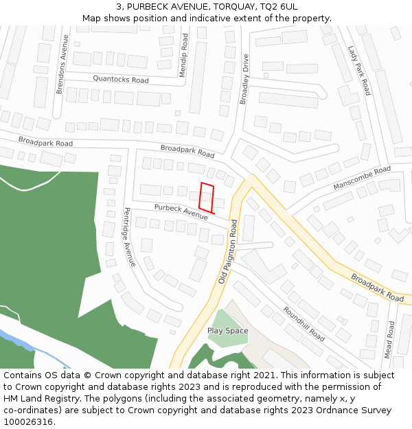 3, PURBECK AVENUE, TORQUAY, TQ2 6UL: Location map and indicative extent of plot