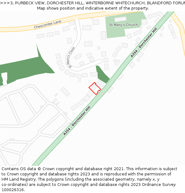 3, PURBECK VIEW, DORCHESTER HILL, WINTERBORNE WHITECHURCH, BLANDFORD FORUM, DT11 0HP: Location map and indicative extent of plot