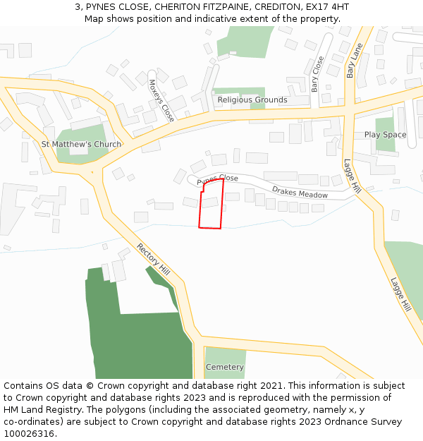3, PYNES CLOSE, CHERITON FITZPAINE, CREDITON, EX17 4HT: Location map and indicative extent of plot