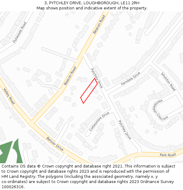 3, PYTCHLEY DRIVE, LOUGHBOROUGH, LE11 2RH: Location map and indicative extent of plot