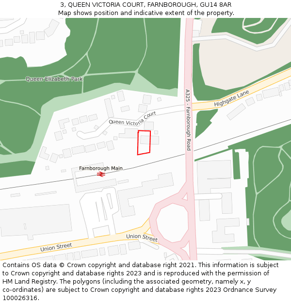 3, QUEEN VICTORIA COURT, FARNBOROUGH, GU14 8AR: Location map and indicative extent of plot