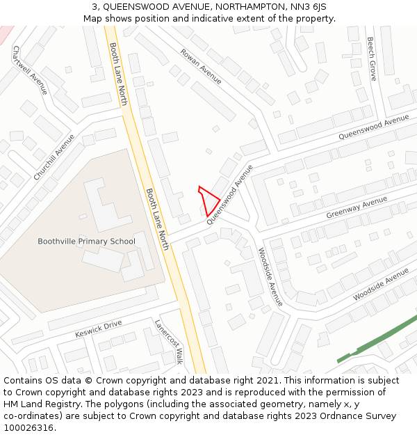 3, QUEENSWOOD AVENUE, NORTHAMPTON, NN3 6JS: Location map and indicative extent of plot