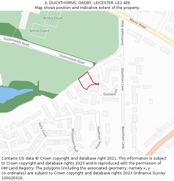 3, QUICKTHORNS, OADBY, LEICESTER, LE2 4EE: Location map and indicative extent of plot