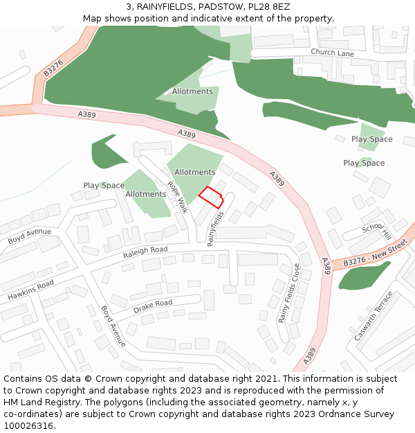 3, RAINYFIELDS, PADSTOW, PL28 8EZ: Location map and indicative extent of plot