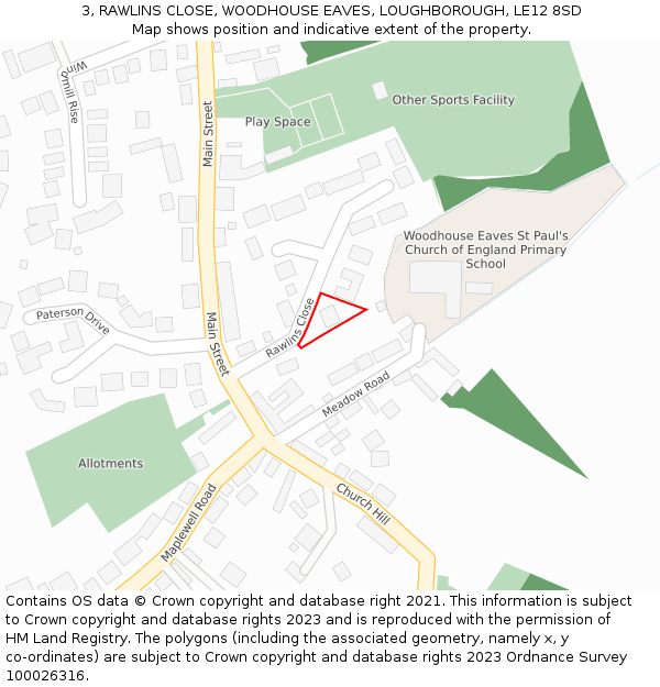 3, RAWLINS CLOSE, WOODHOUSE EAVES, LOUGHBOROUGH, LE12 8SD: Location map and indicative extent of plot