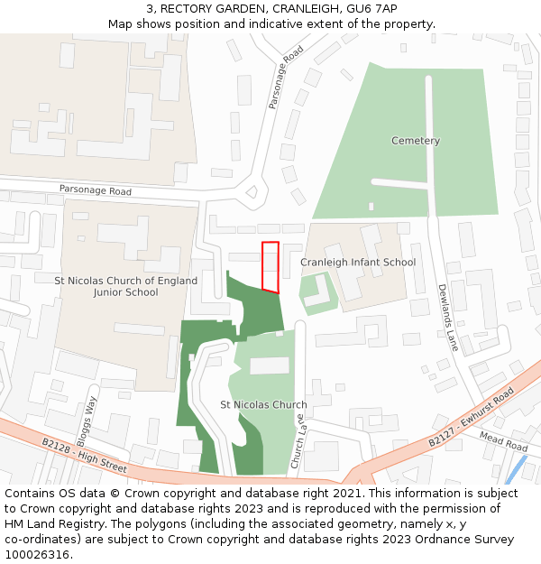 3, RECTORY GARDEN, CRANLEIGH, GU6 7AP: Location map and indicative extent of plot