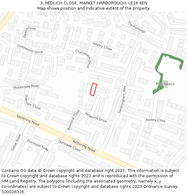 3, REDLICH CLOSE, MARKET HARBOROUGH, LE16 8EN: Location map and indicative extent of plot