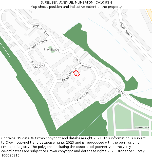 3, REUBEN AVENUE, NUNEATON, CV10 9SN: Location map and indicative extent of plot