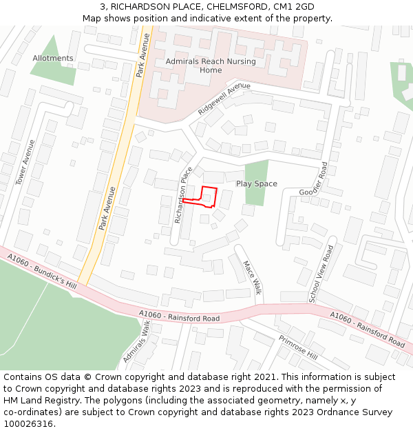3, RICHARDSON PLACE, CHELMSFORD, CM1 2GD: Location map and indicative extent of plot