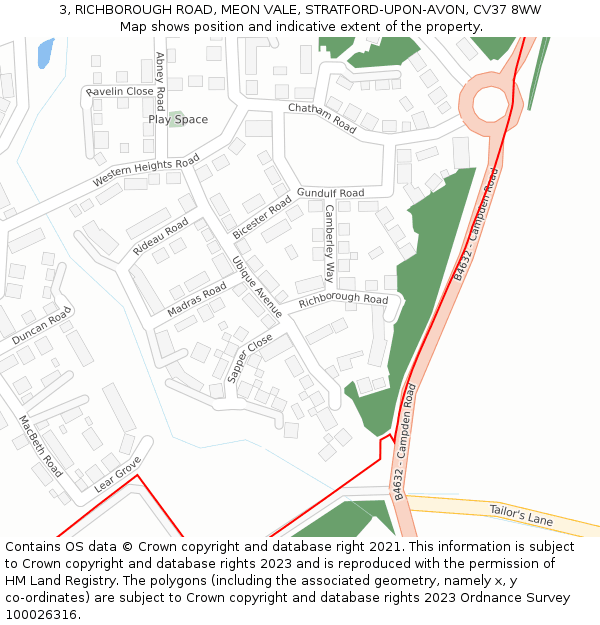 3, RICHBOROUGH ROAD, MEON VALE, STRATFORD-UPON-AVON, CV37 8WW: Location map and indicative extent of plot