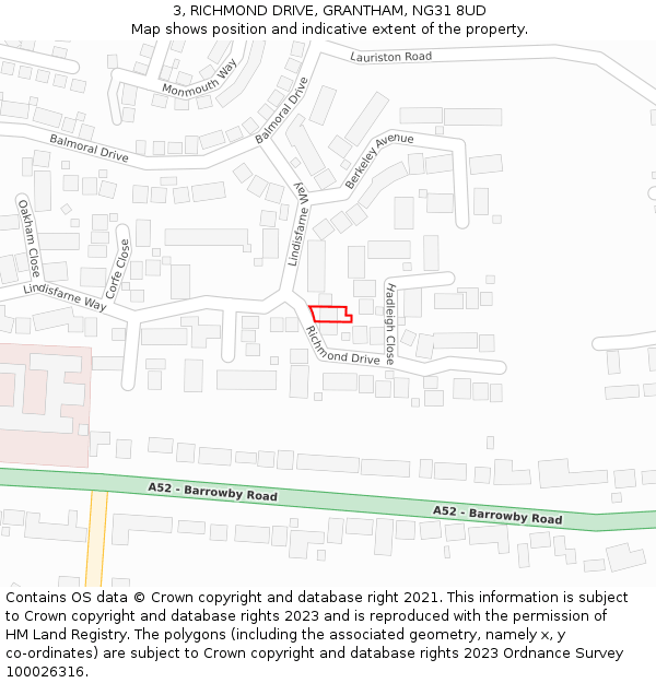 3, RICHMOND DRIVE, GRANTHAM, NG31 8UD: Location map and indicative extent of plot