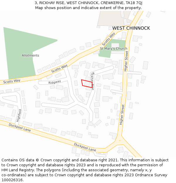 3, RICKHAY RISE, WEST CHINNOCK, CREWKERNE, TA18 7QJ: Location map and indicative extent of plot