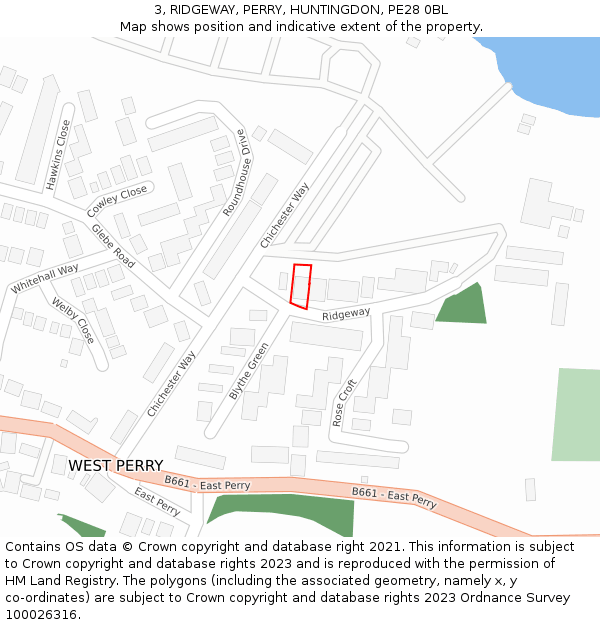 3, RIDGEWAY, PERRY, HUNTINGDON, PE28 0BL: Location map and indicative extent of plot