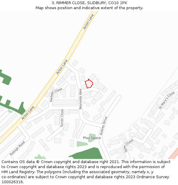 3, RIMMER CLOSE, SUDBURY, CO10 1PX: Location map and indicative extent of plot