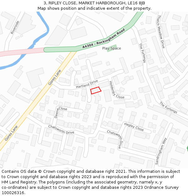 3, RIPLEY CLOSE, MARKET HARBOROUGH, LE16 8JB: Location map and indicative extent of plot