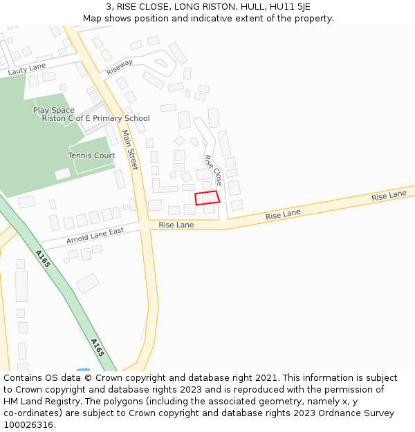 3, RISE CLOSE, LONG RISTON, HULL, HU11 5JE: Location map and indicative extent of plot