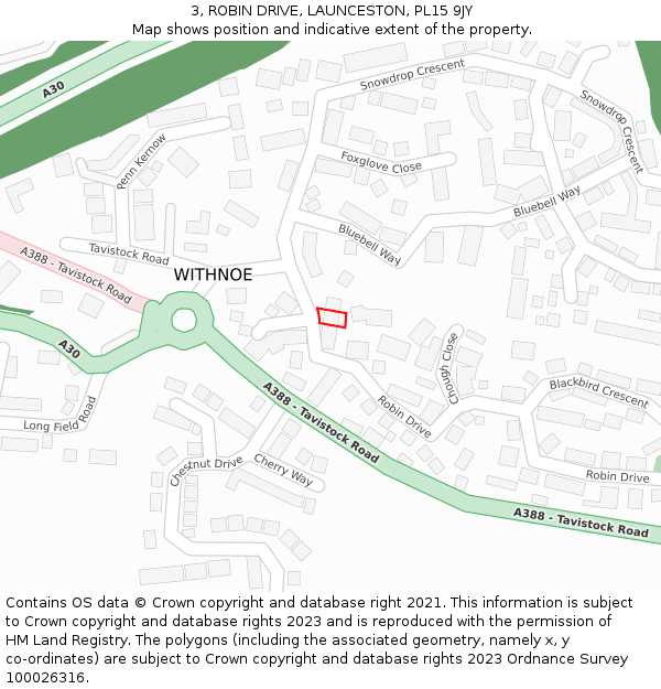 3, ROBIN DRIVE, LAUNCESTON, PL15 9JY: Location map and indicative extent of plot