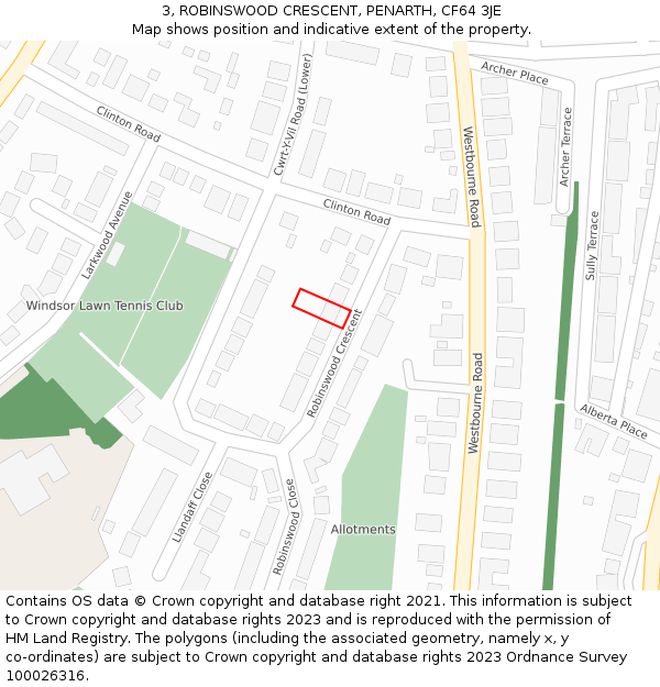 3, ROBINSWOOD CRESCENT, PENARTH, CF64 3JE: Location map and indicative extent of plot