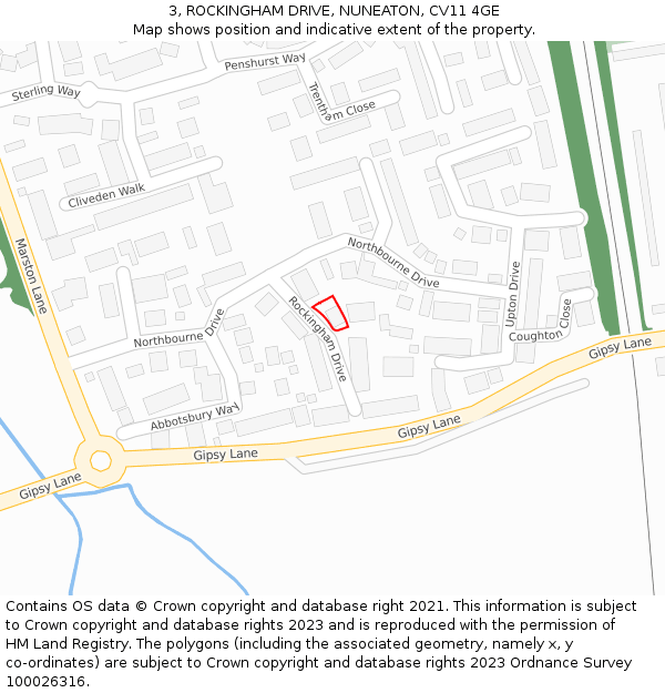 3, ROCKINGHAM DRIVE, NUNEATON, CV11 4GE: Location map and indicative extent of plot