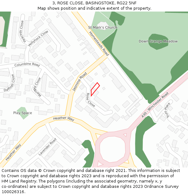 3, ROSE CLOSE, BASINGSTOKE, RG22 5NF: Location map and indicative extent of plot