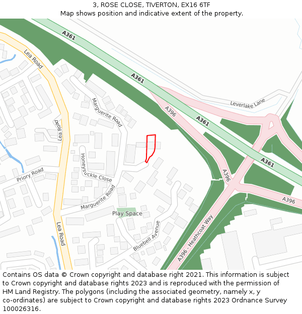 3, ROSE CLOSE, TIVERTON, EX16 6TF: Location map and indicative extent of plot