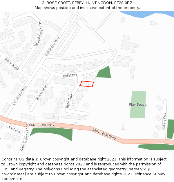 3, ROSE CROFT, PERRY, HUNTINGDON, PE28 0BZ: Location map and indicative extent of plot