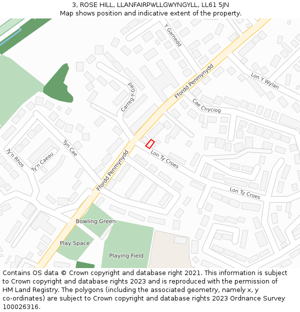 3, ROSE HILL, LLANFAIRPWLLGWYNGYLL, LL61 5JN: Location map and indicative extent of plot